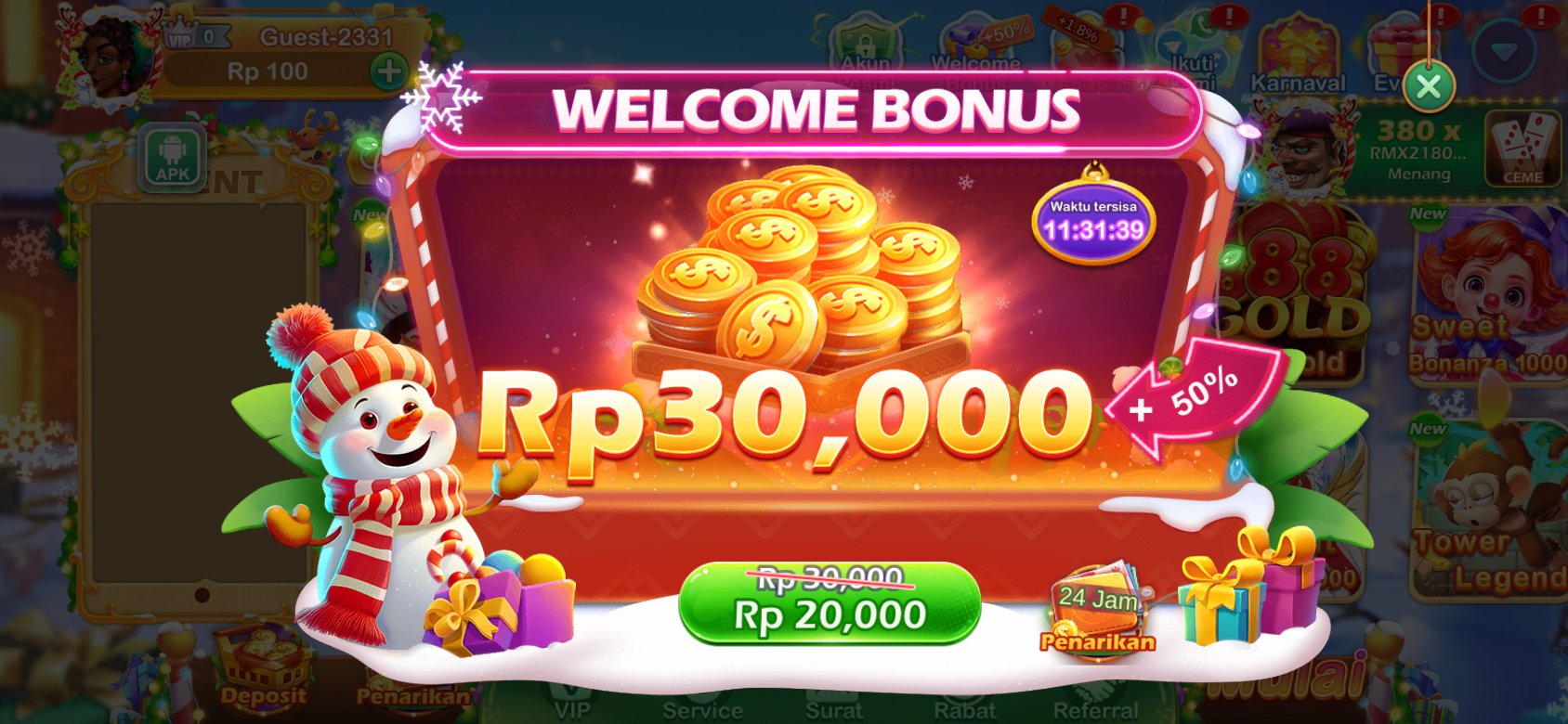 Bonus selamat datang hingga Rp30,000 di Tiger777 untuk pengalaman bermain yang lebih menyenangkan.